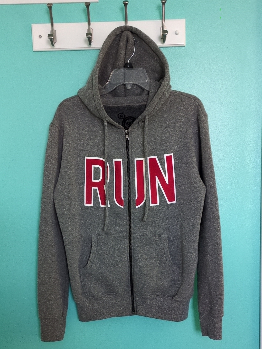 RUN Graphic Zip-Up Hoodie - Gray with Red Lettering